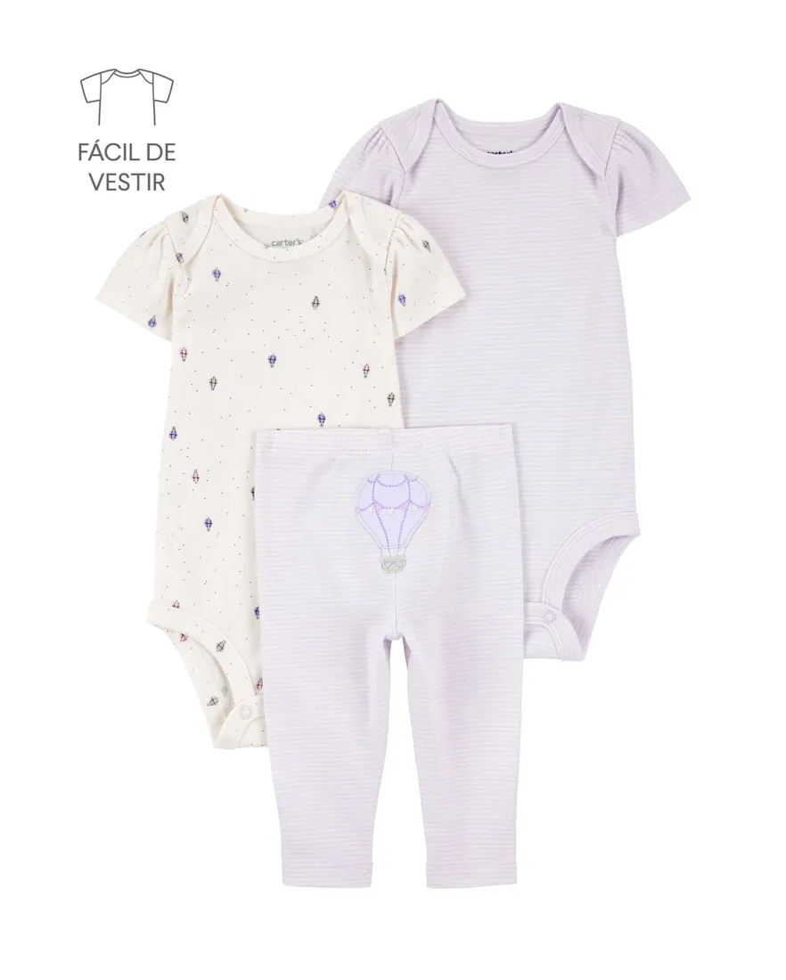 Conjunto longo bebê 3 peças balões lilás