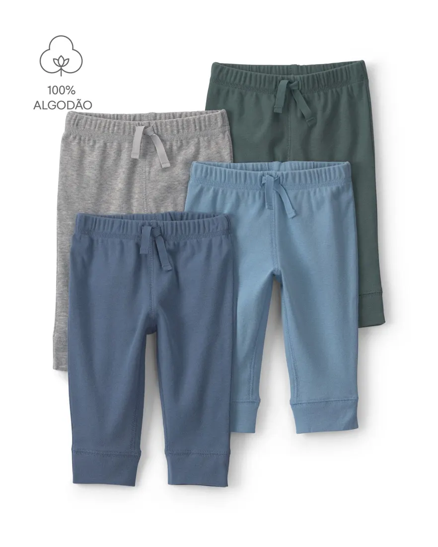 Kit calças bebê 4 peças cós elástico - Multicor