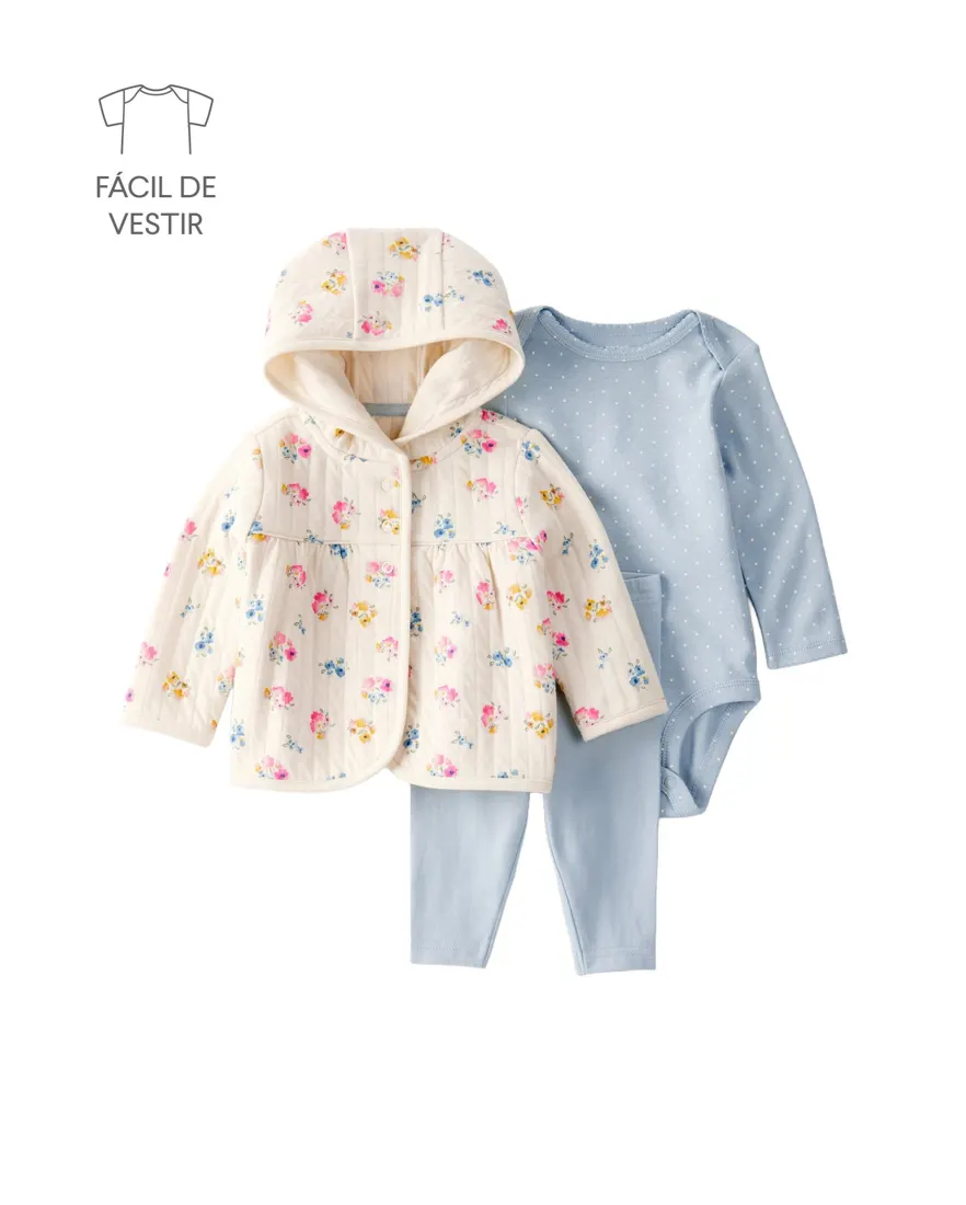 Conjunto longo bebê 3 peças matelassê floral - multicor