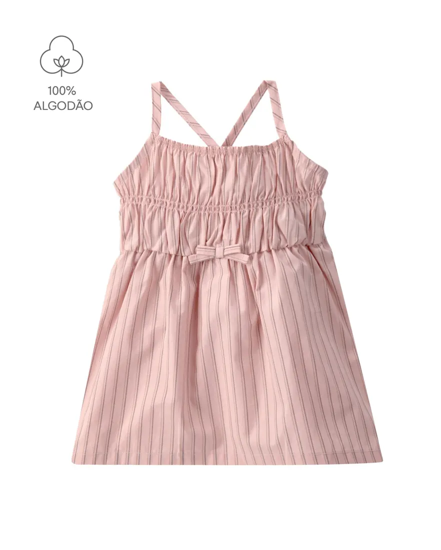 Vestido bebê listrado com laço e lastex - Rosa