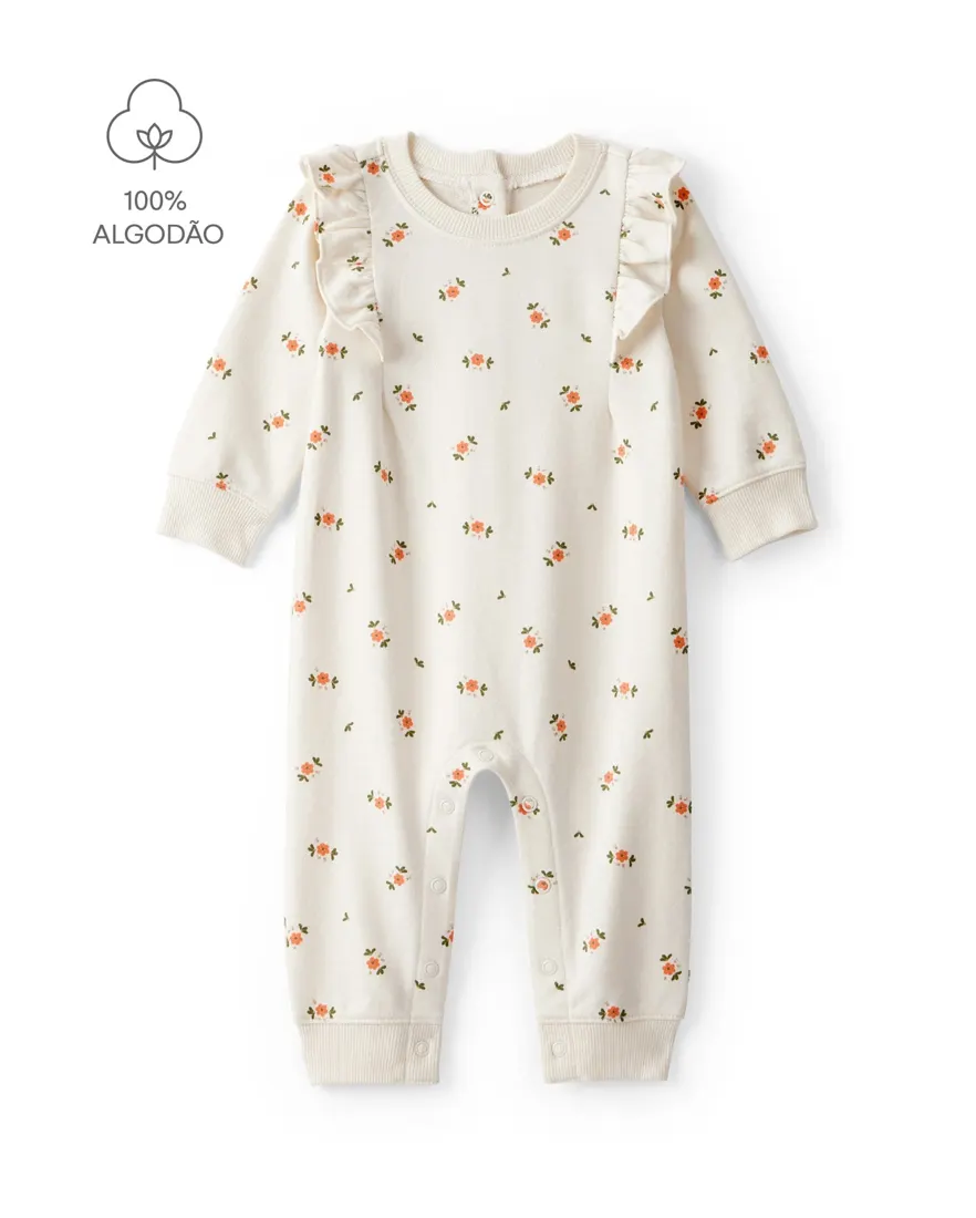 Macacão bebê floral com babados - off-white
