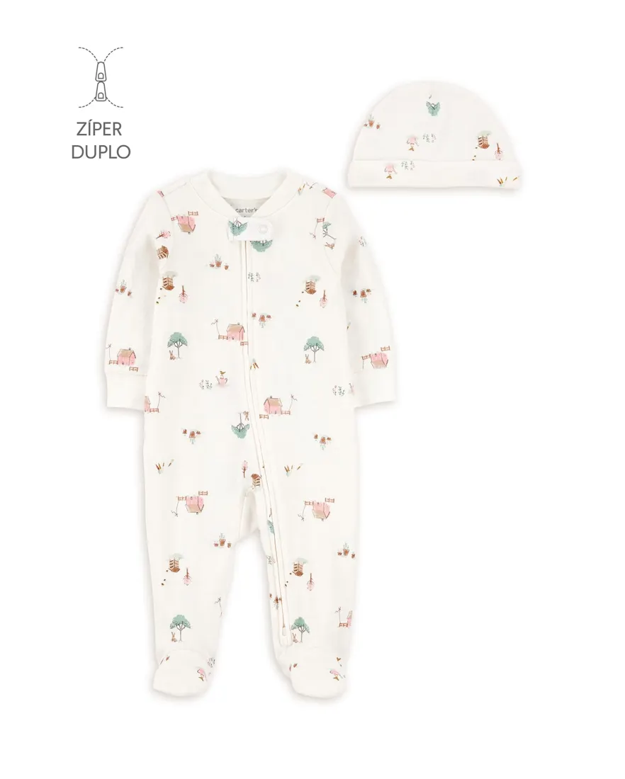Macacão bebê com touca fazendinha - off-white