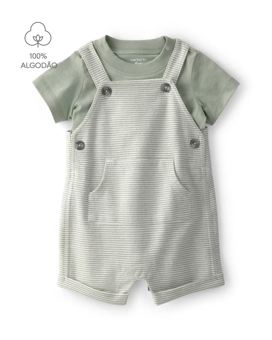 Jardineira bebê listrada com camiseta - Verde