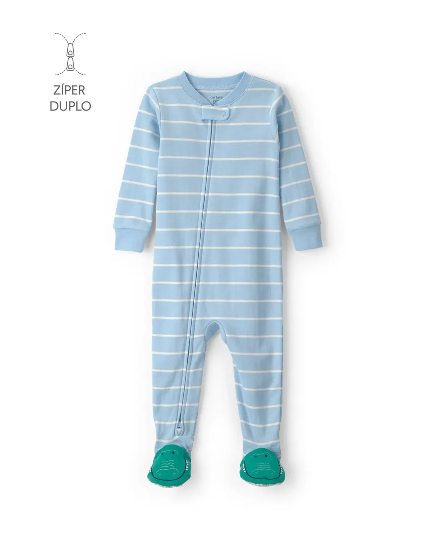 Macacão pijama com pezinho bebê menino em algodão listrado - Azul