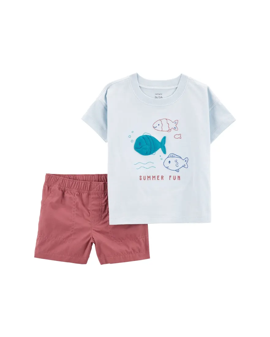 Conjunto curto infantil 2 peças peixes do mar multicor