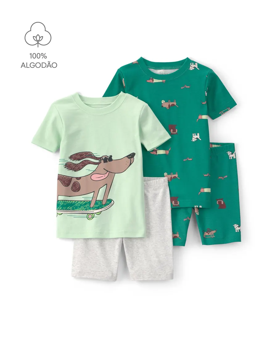 Pijama curto infantil 4 peças estampado - Multicor