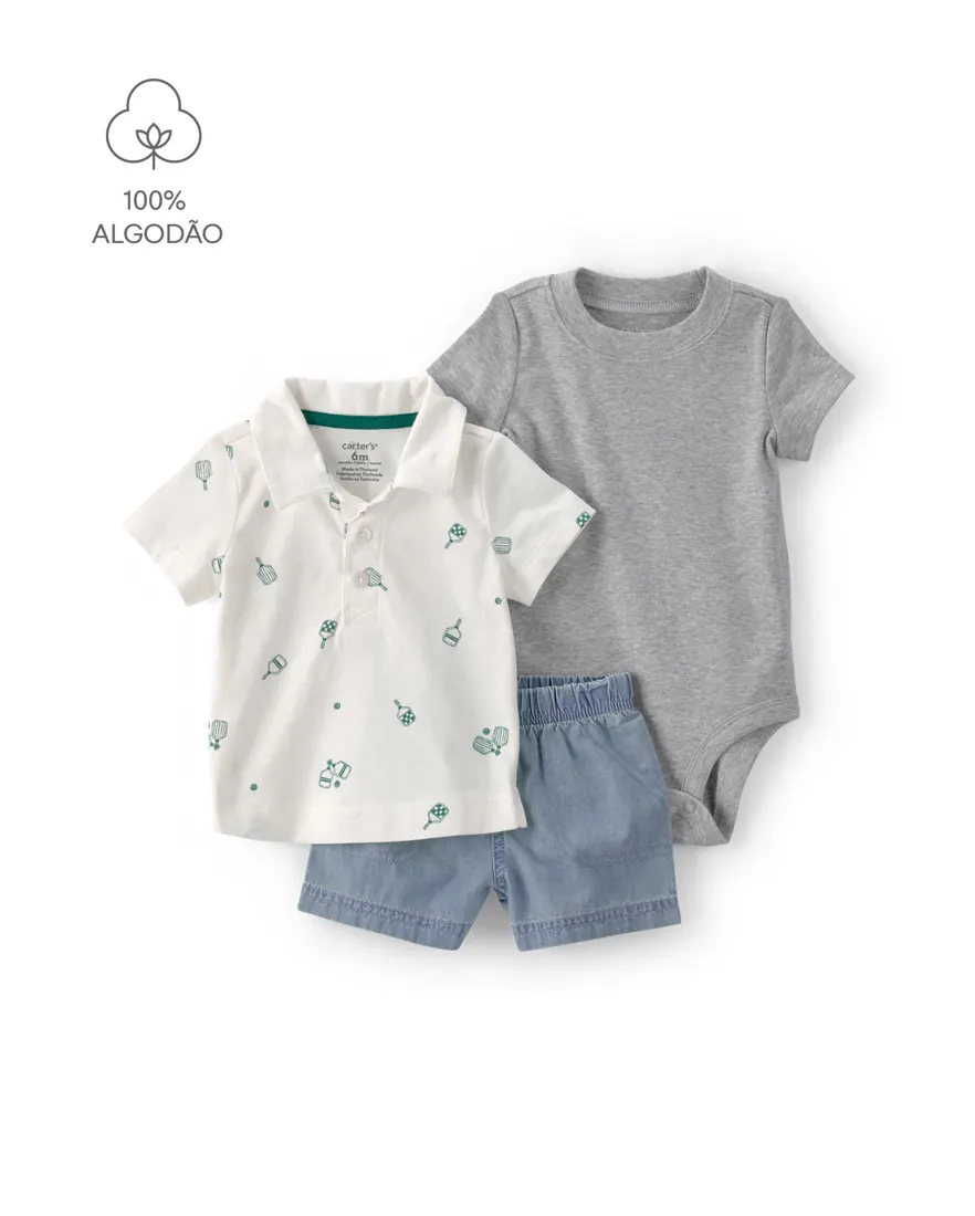 Conjunto curto bebê 3 peças estampado - Multicor