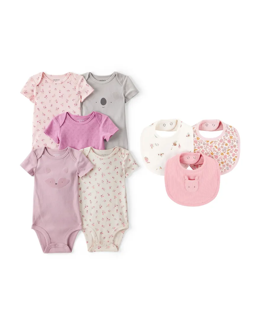 Enxoval bebê menina em algodão estampado 8 peças - Multicor