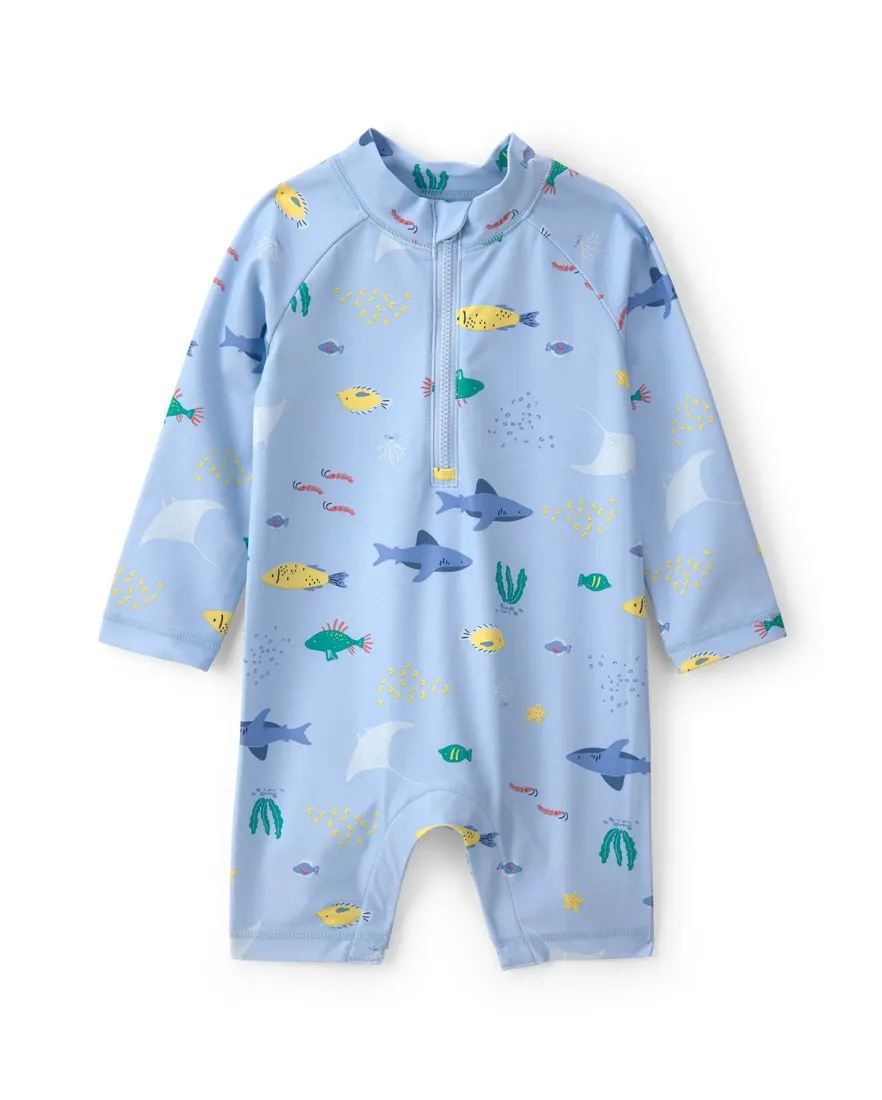 Macaquinho de praia bebê menino estampado UV 50+ - Azul Claro