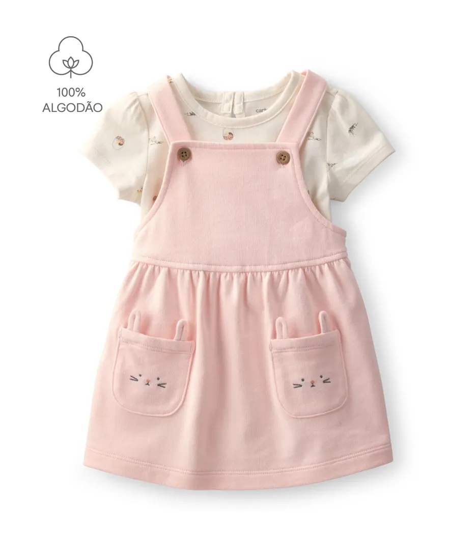 Salopete bebê com body estampada - Rosa