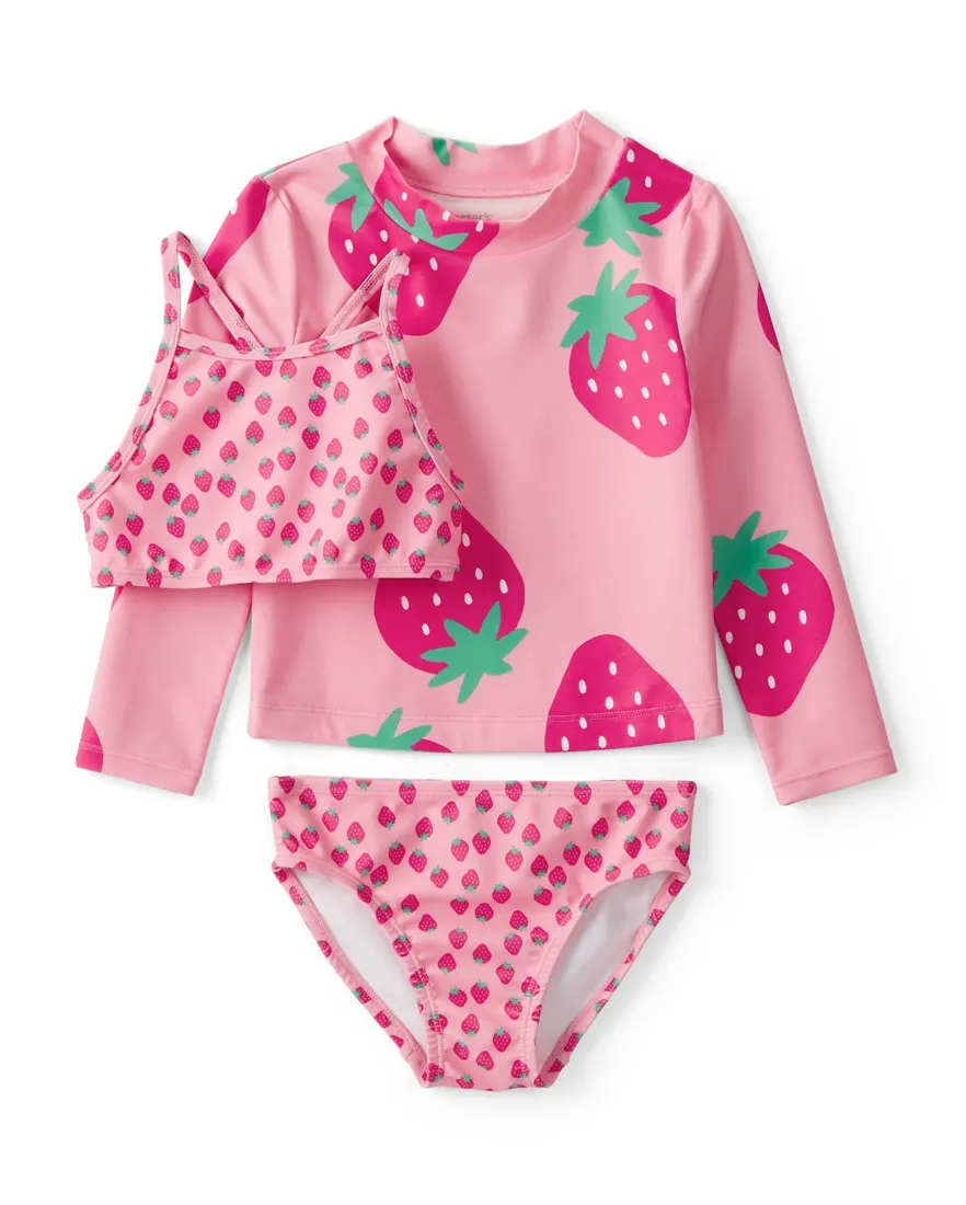 Conjunto de praia infantil menina morango UV 50+ 3 peças - Multicor