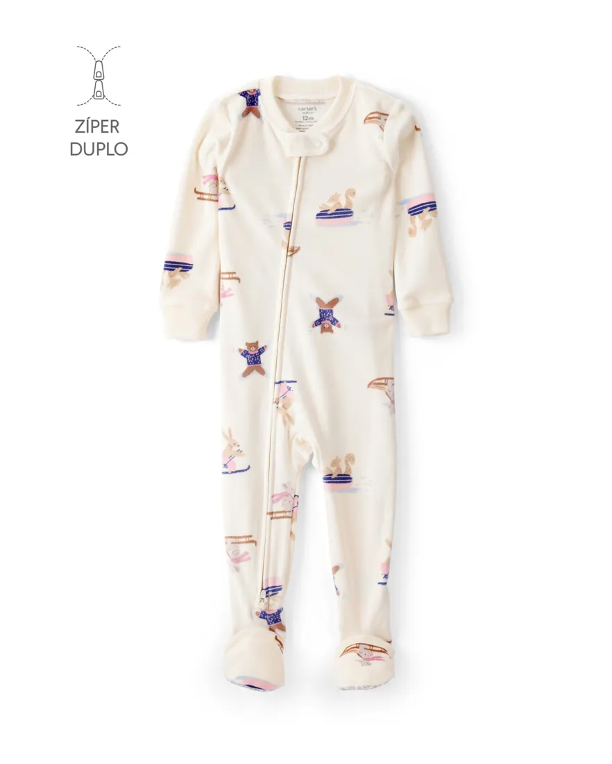 Macacão pijama infantil em plush bichinhos - bege