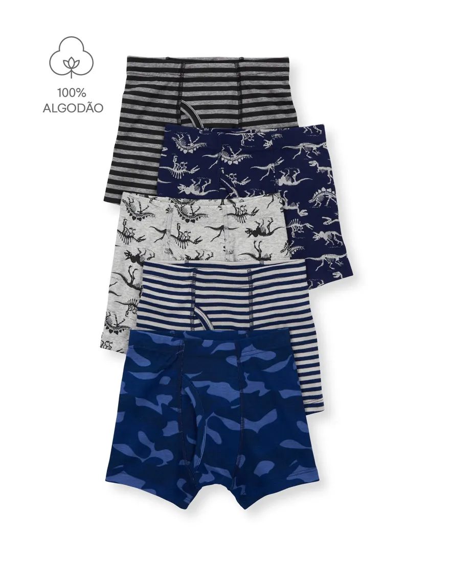 Kit cueca infantil boxer 5 peças dinossauros - multicor