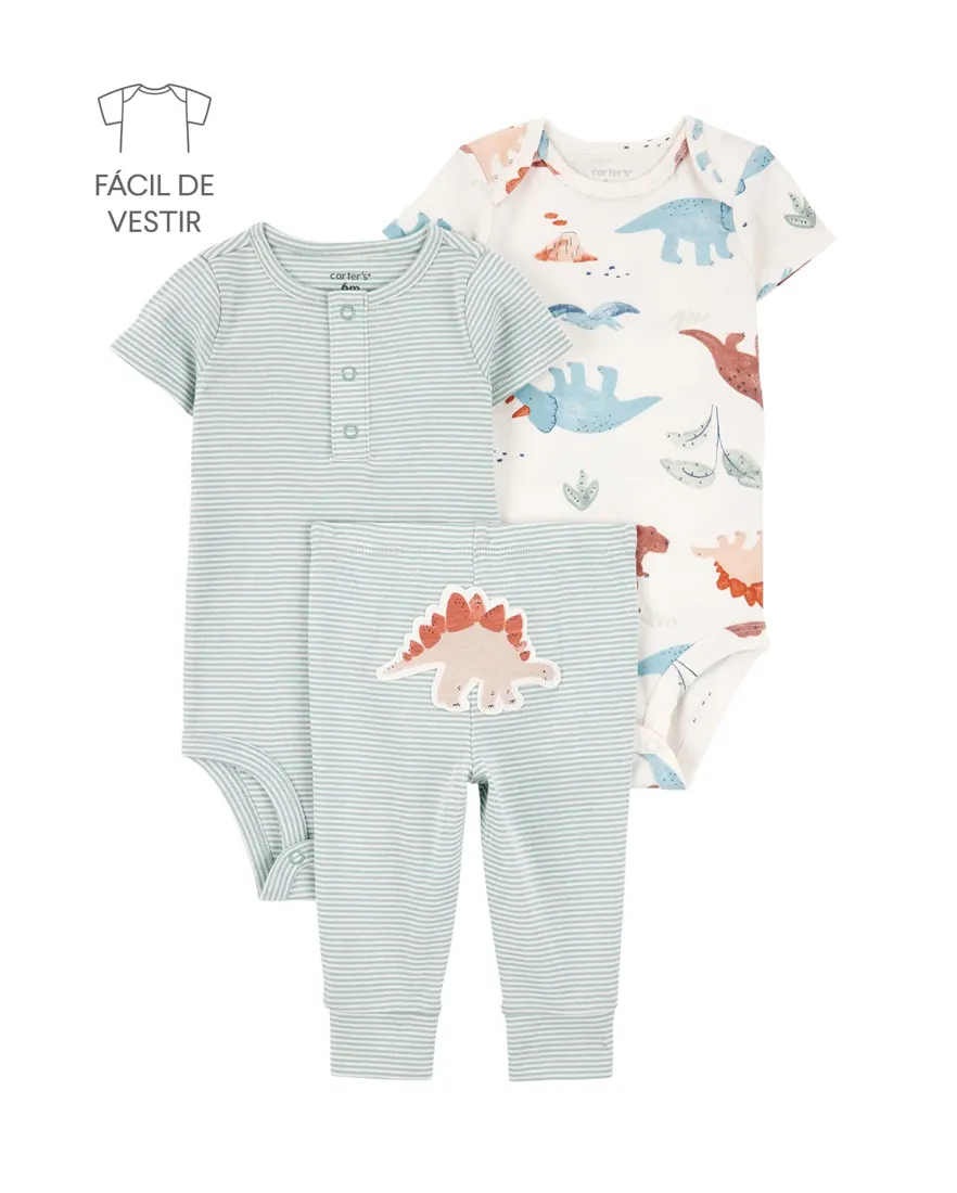 Conjunto longo bebê 3 peças listras dino multicor
