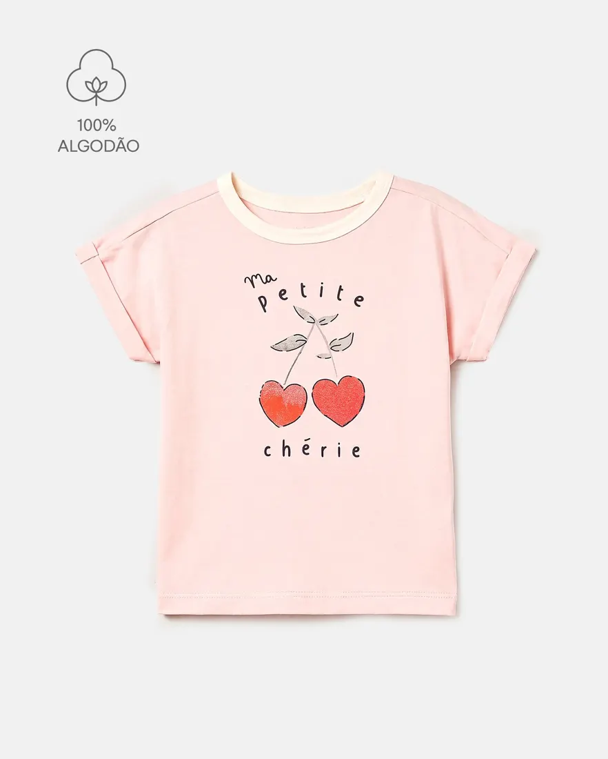 Camiseta infantil menina em algodão coração - Rosa Claro