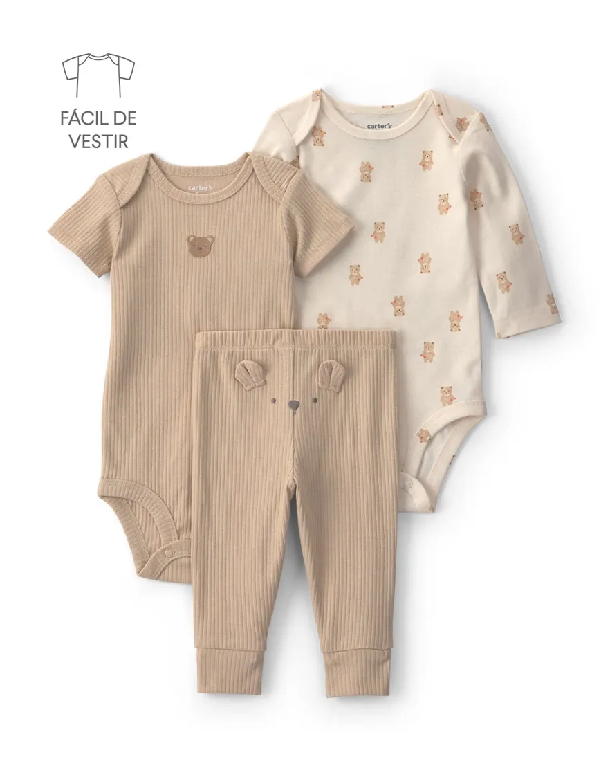 Conjunto longo bebê 3 peças canelado e ursinhos - multicor