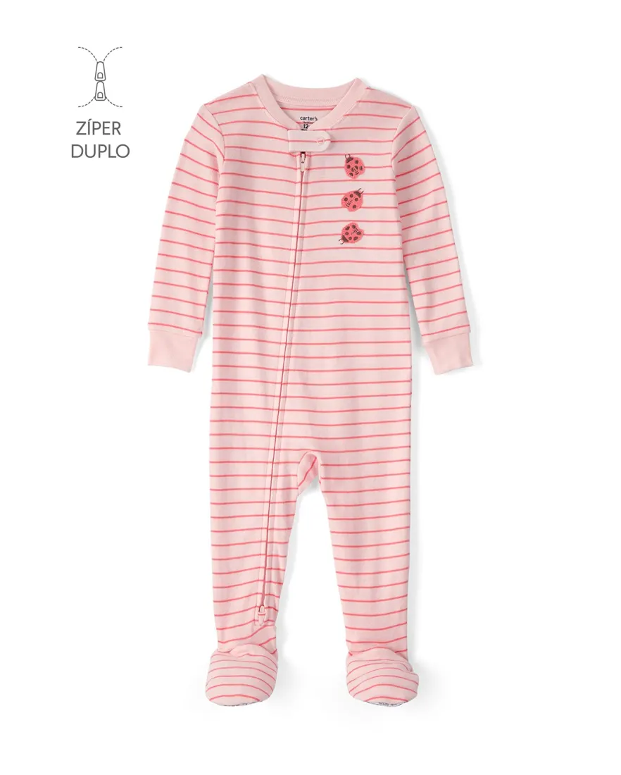 Macacão pijama bebê listrado com joaninha - rosa
