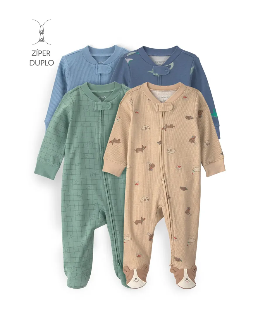 Kit macacão com pezinho bebê menino estampa animal interativo 4 peças - Multicor