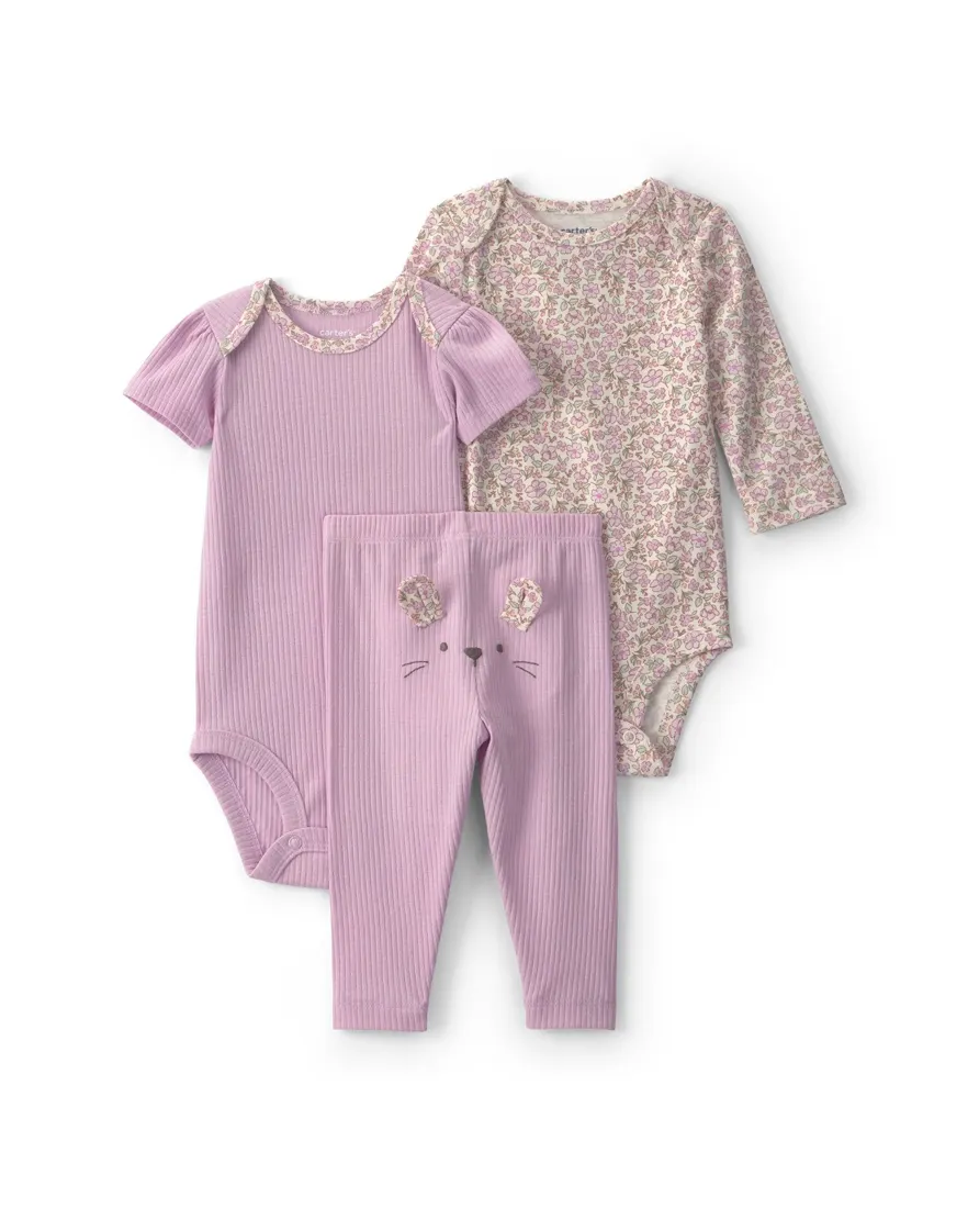 Outra vista de Kit conjunto longo bebê 3 peças + macacão canelado floral - Multicor