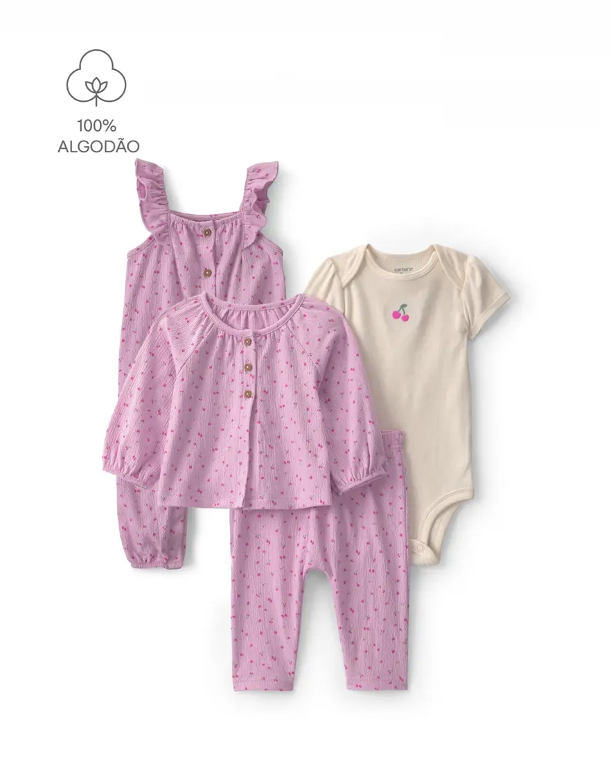Conjunto longo bebê 4 peças estampado e texturizado - Multicor