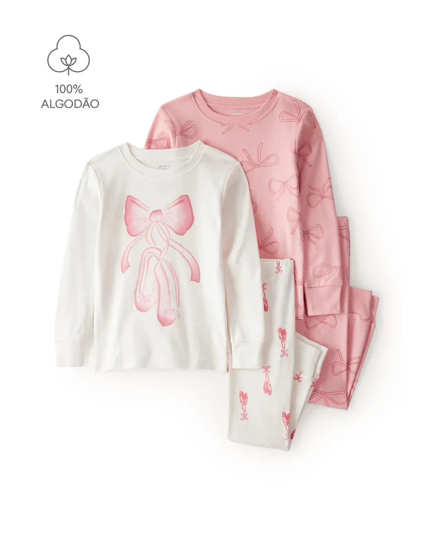 Pijama infantil menina em algodão laço 4 peças - Multicor