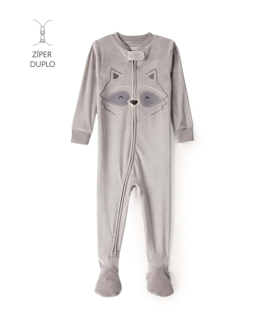 Macacão pijama infantil em plush guaxinim - cinza
