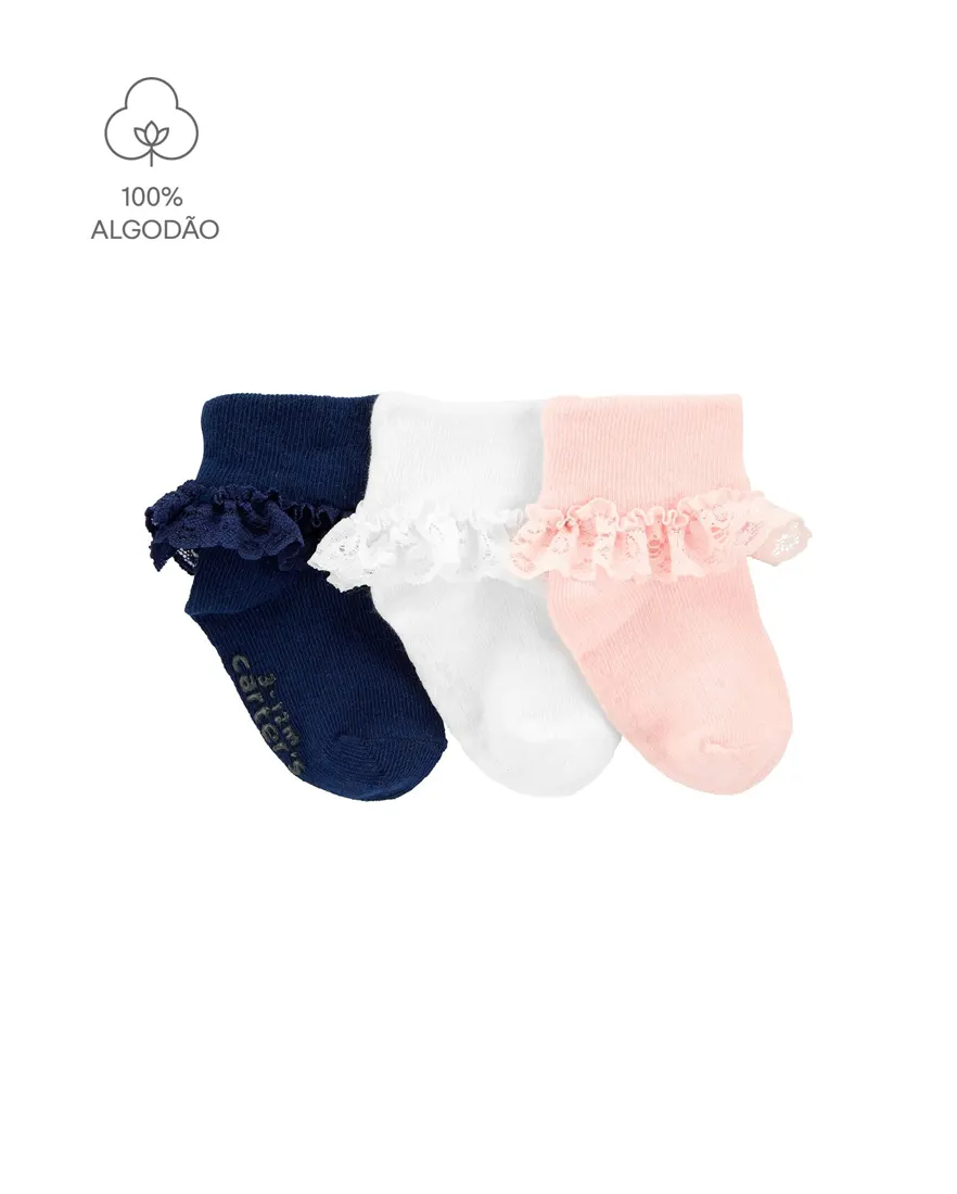 Kit meia infantil 3 pares babado rendado - multicor