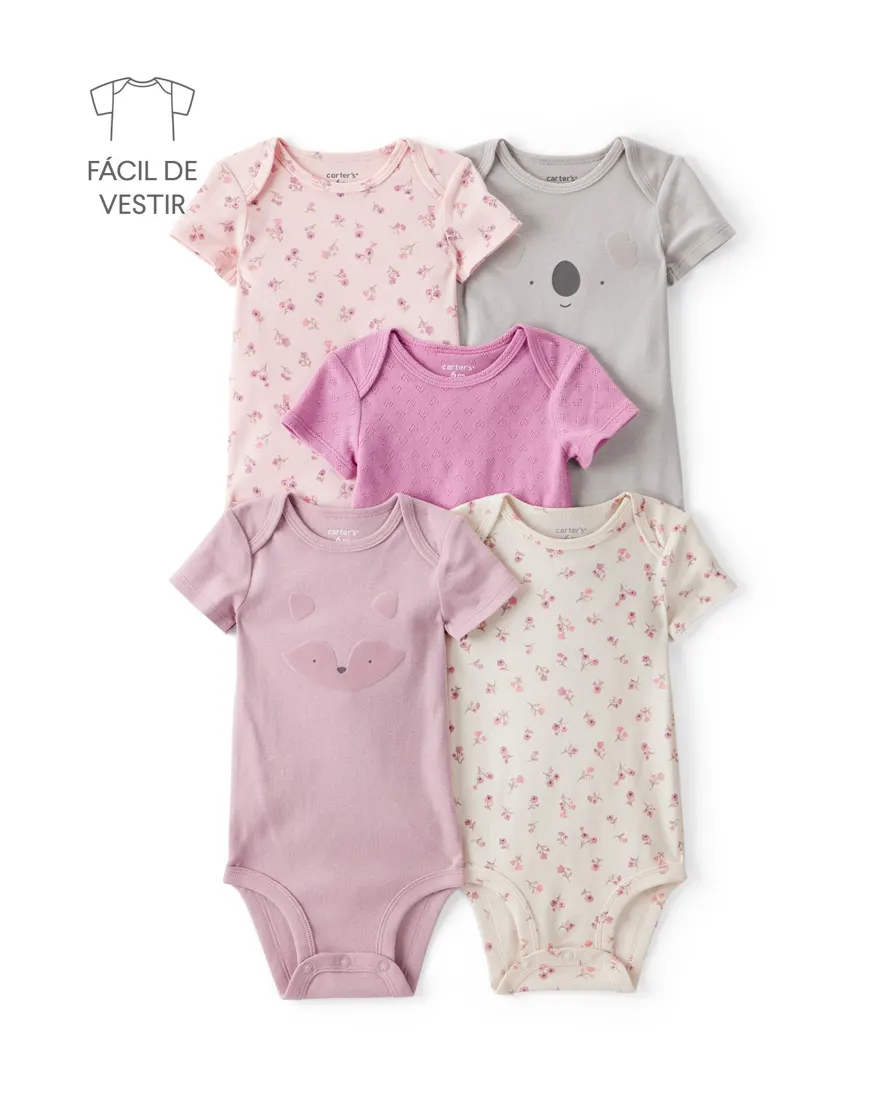 Kit body bebê 5 peças bichinhos floral - multicor