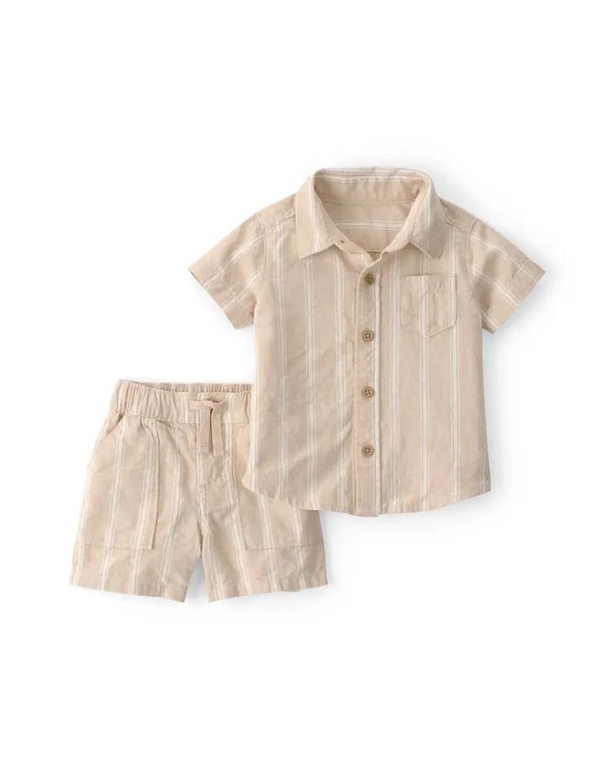 Conjunto curto bebê 2 peças listrado com linho - Bege