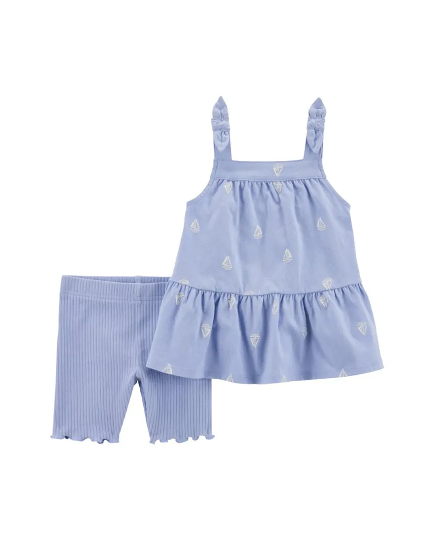 Conjunto curto infantil 2 peças canelada barco azul