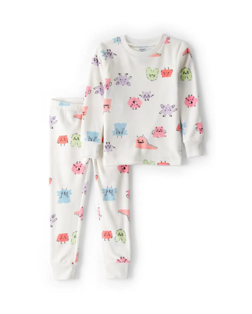 Pijama longo infantil 2 peças em plush monstrinhos - off-white
