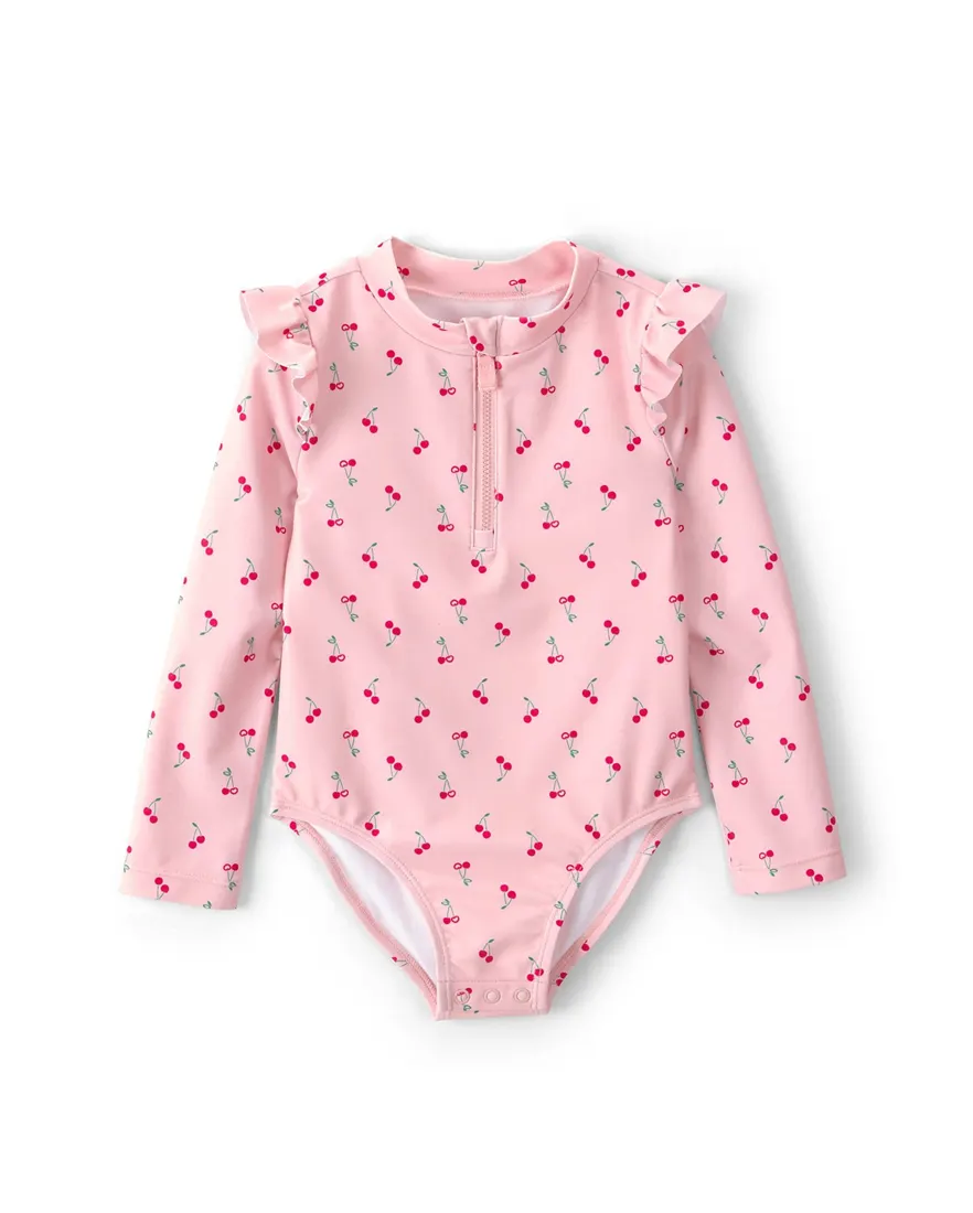 Maiô infantil menina cereja com babado UV 50+ - Rosa Claro