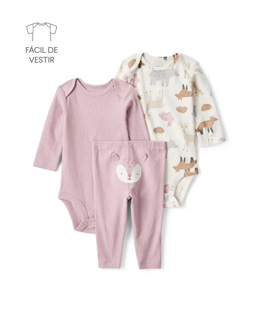 Conjunto longo bebê 3 peças canelado bichinhos - multicor