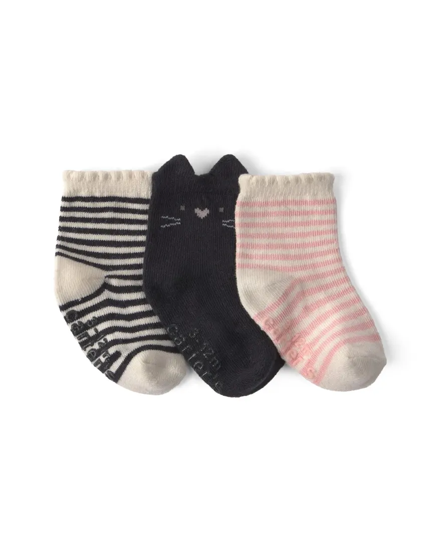 Kit meia bebê menina gato interativo 3 pares - Multicor