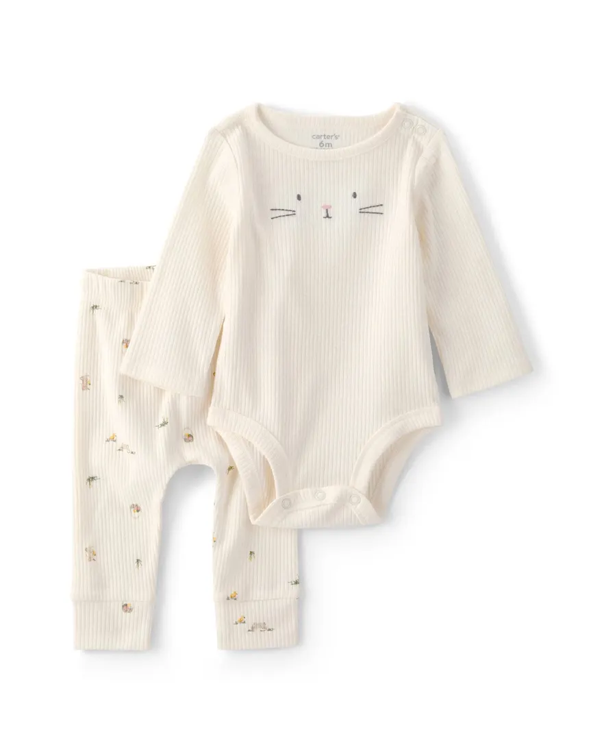 Conjunto longo bebê 2 peças bordado - Off-white