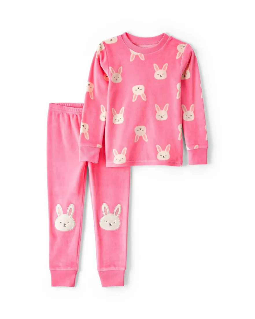 Pijama longo infantil 2 peças em plush coelho - rosa