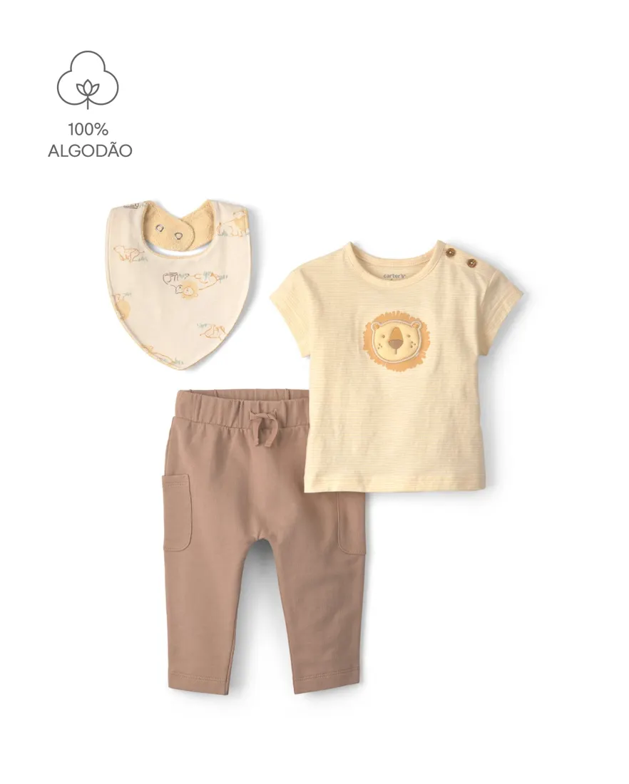 Conjunto longo bebê 2 peças com babador estampado - Multicor