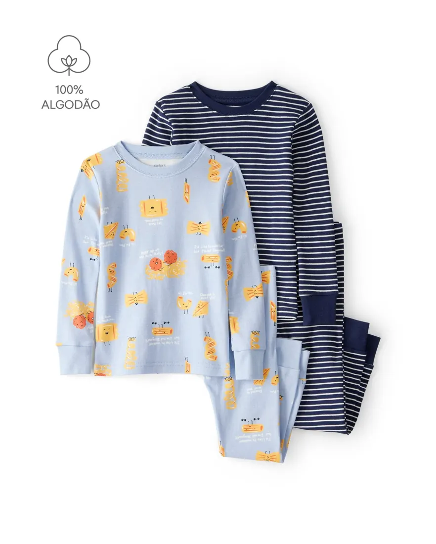Pijama longo infantil 4 peças macarrão listras - multicor