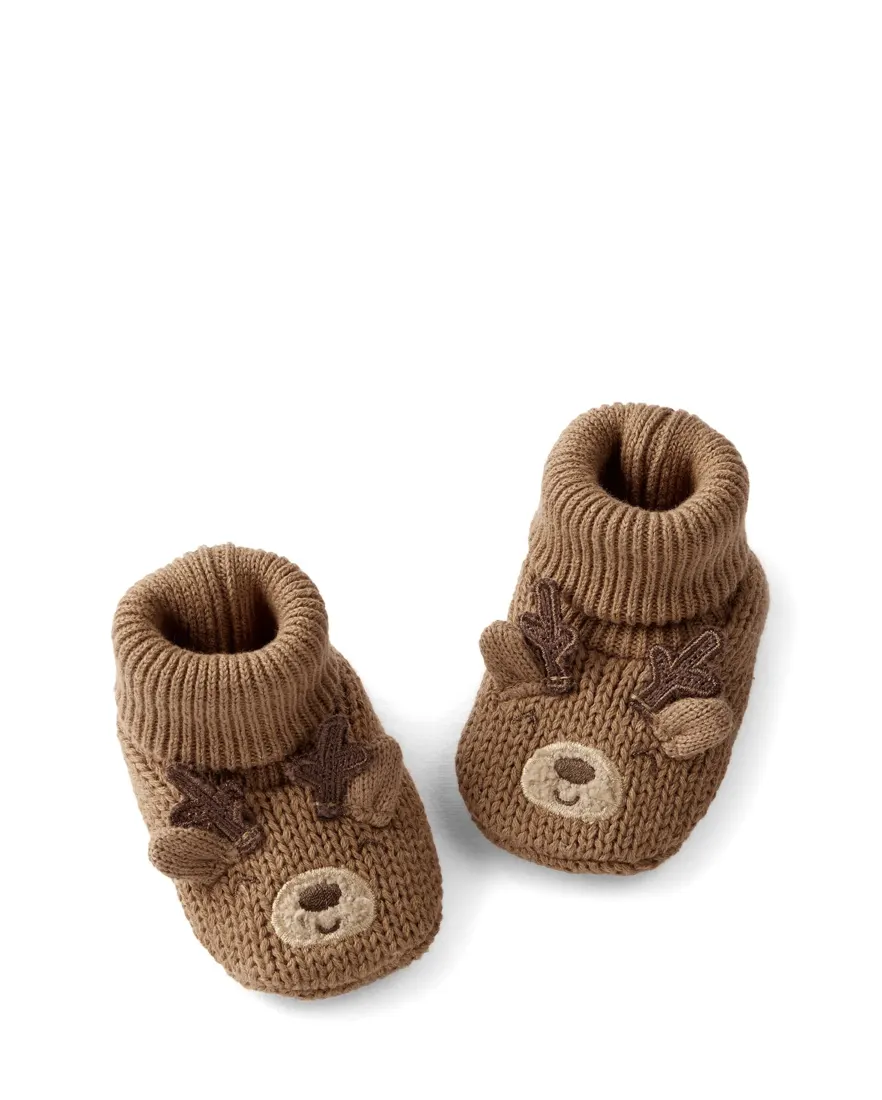 Pantufa bebê tricot rena natalina marrom