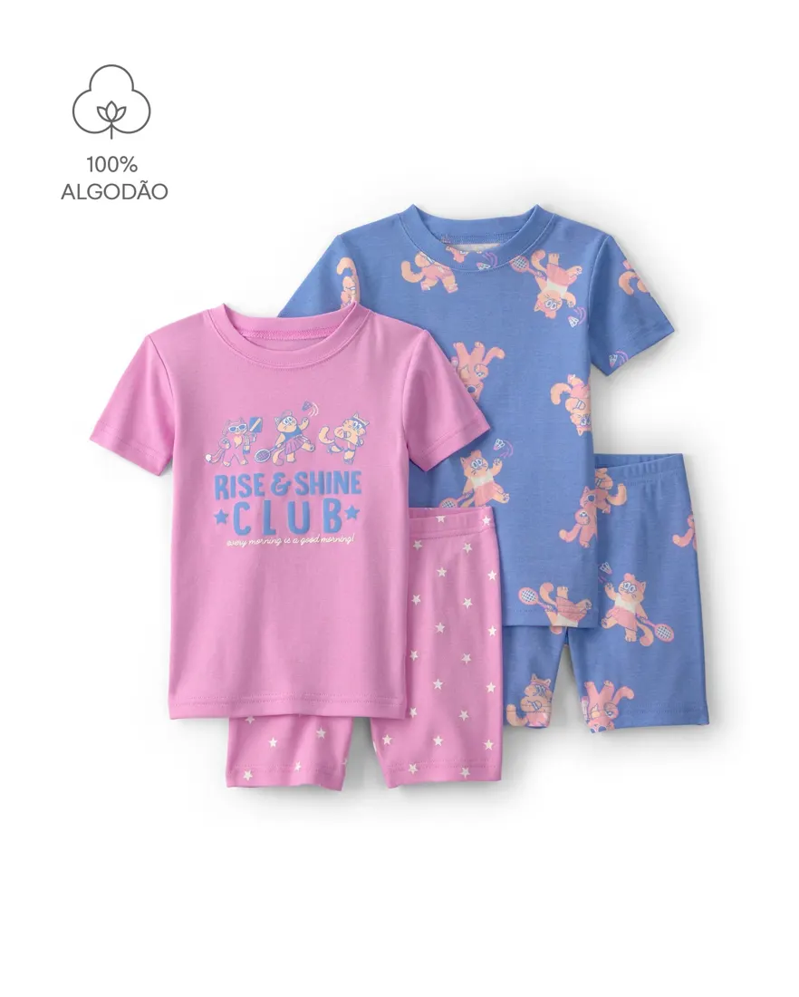 Pijama curto infantil 4 peças estampado - Multicor
