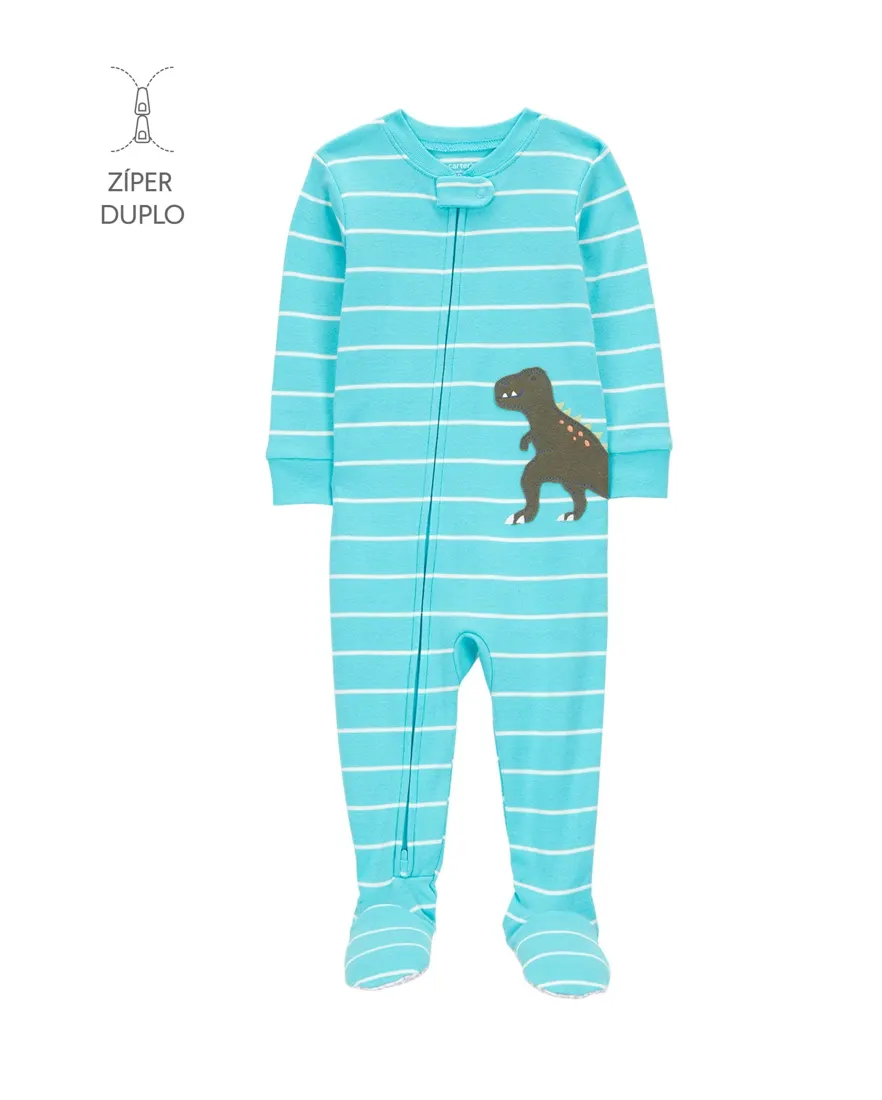 Macacão pijama infantil com pezinho listras dino - azul