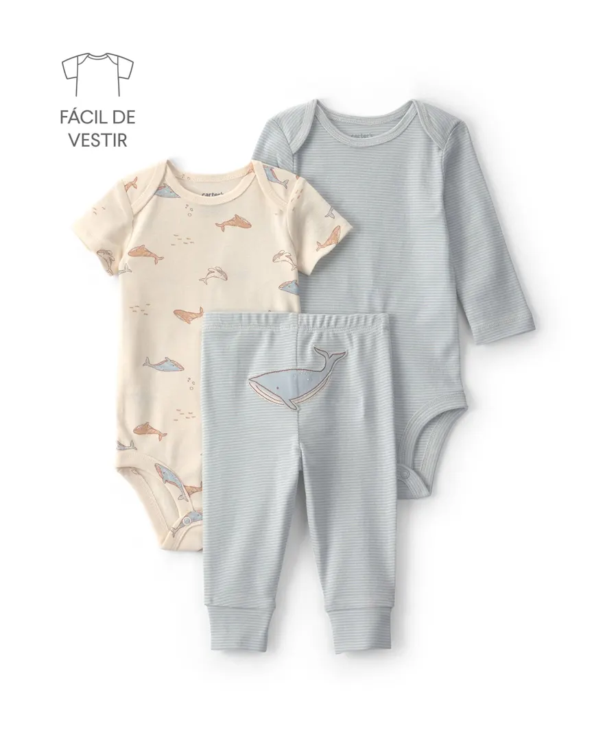 Conjunto longo bebê 3 peças listrado - Multicor