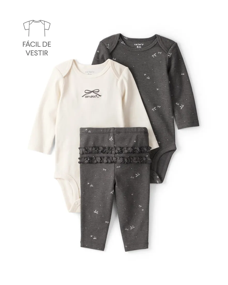 Conjunto longo bebê 3 peças laços babados - multicor