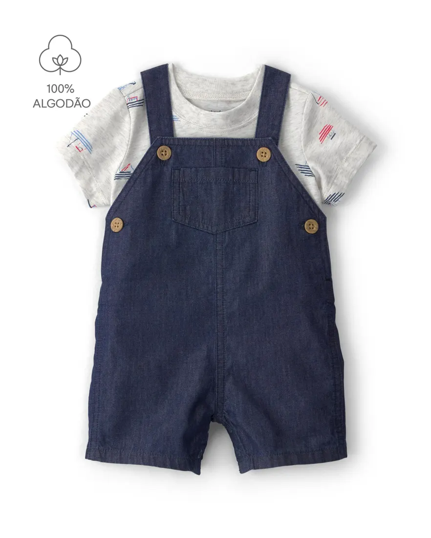 Jardineira jeans bebê com camiseta - Multicor