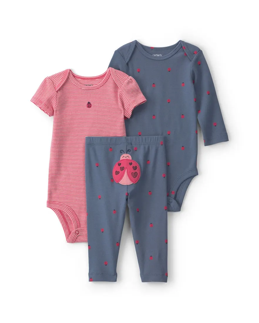 Conjunto longo bebê 3 peças estampado e bordado - Multicor