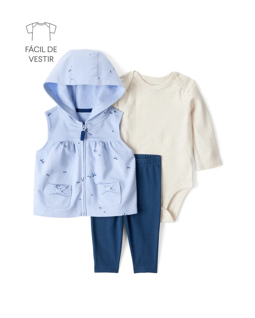 Conjunto longo bebê 3 peças capuz e laços - multicor