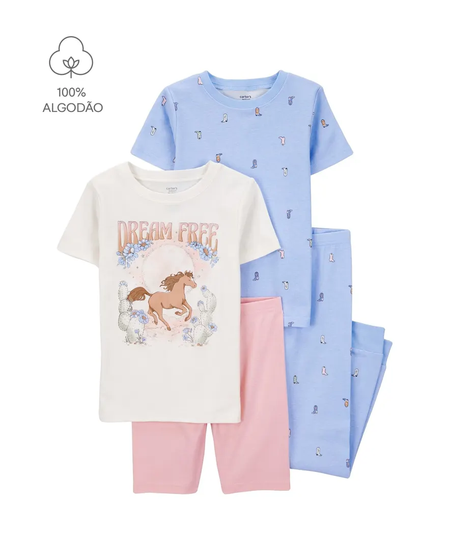 Pijama infantil 4 peças cavalinho e botas - multicor