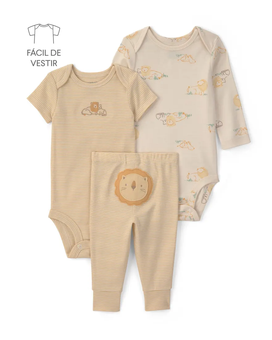 Conjunto longo bebê 3 peças malha e leãozinho - multicor