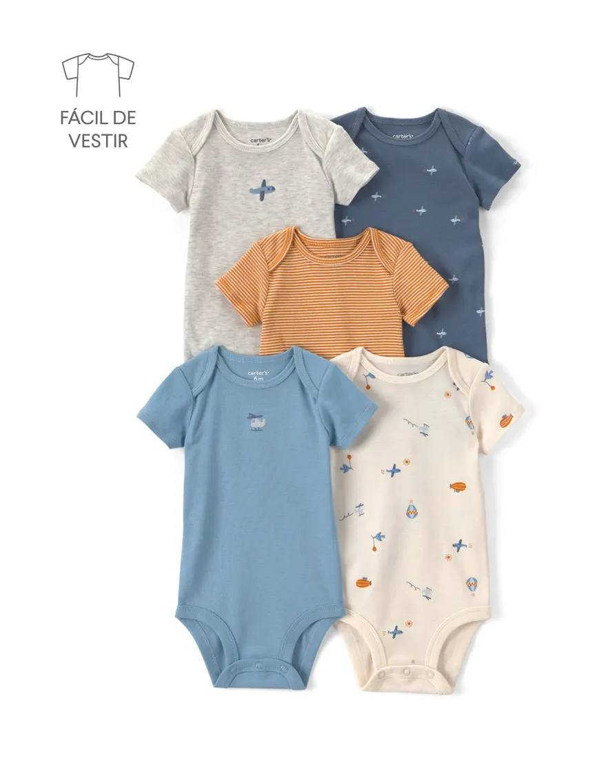 Kit body bebê menino em algodão avião 5 peças - Multicor