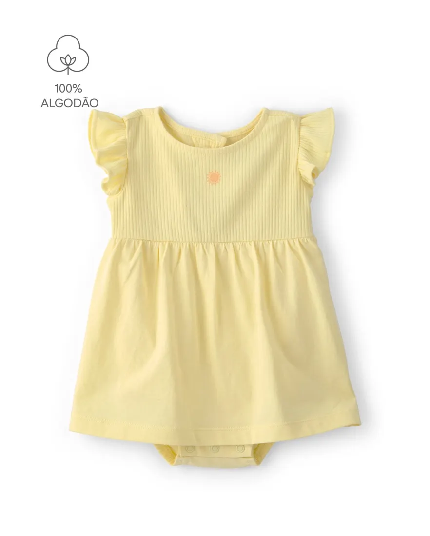 Vestido bebê canelado com bordado sol - amarelo